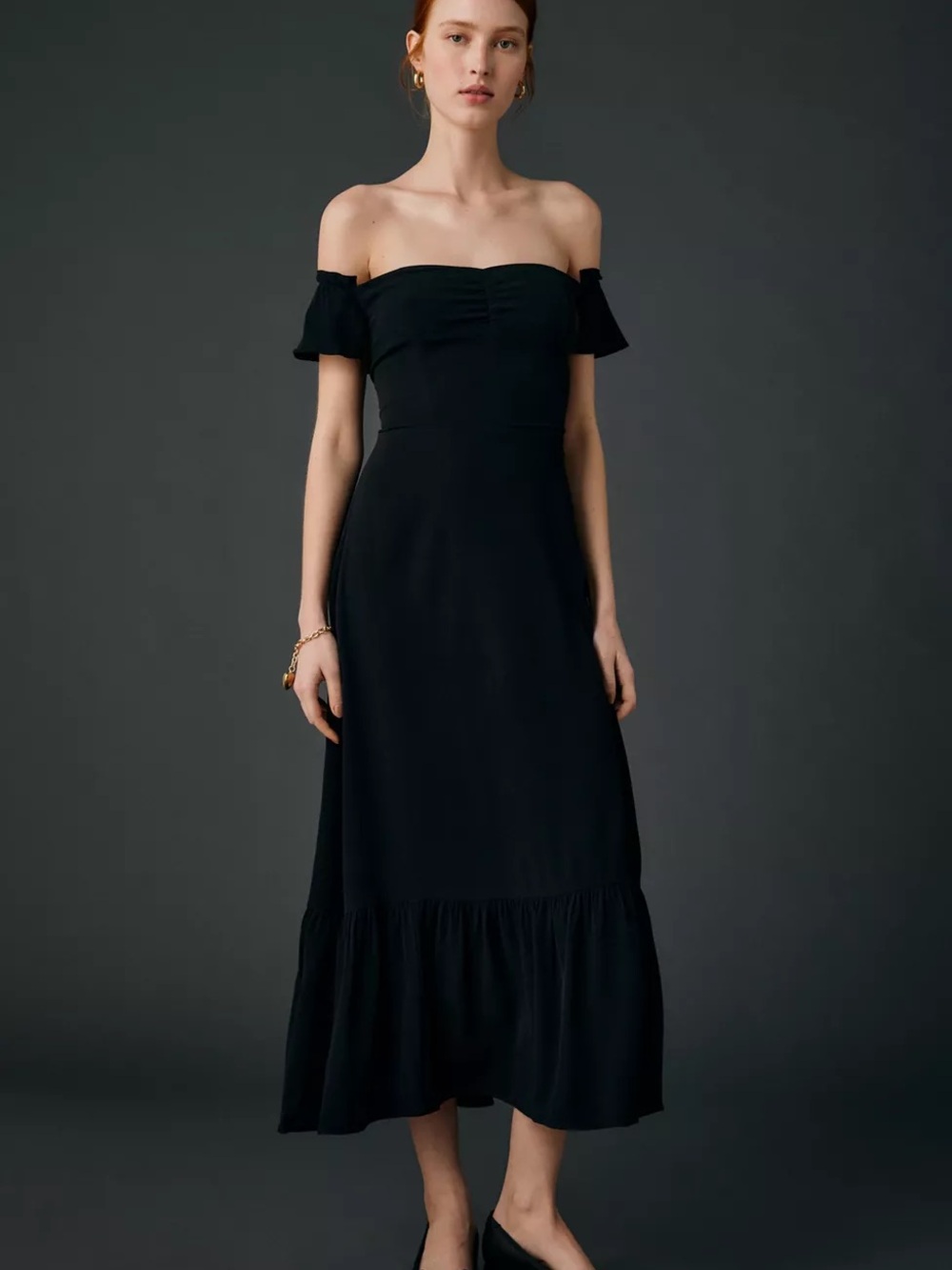 UO Over The Moon Flutter Sleeve Off-The-Shoulder Midi Dress